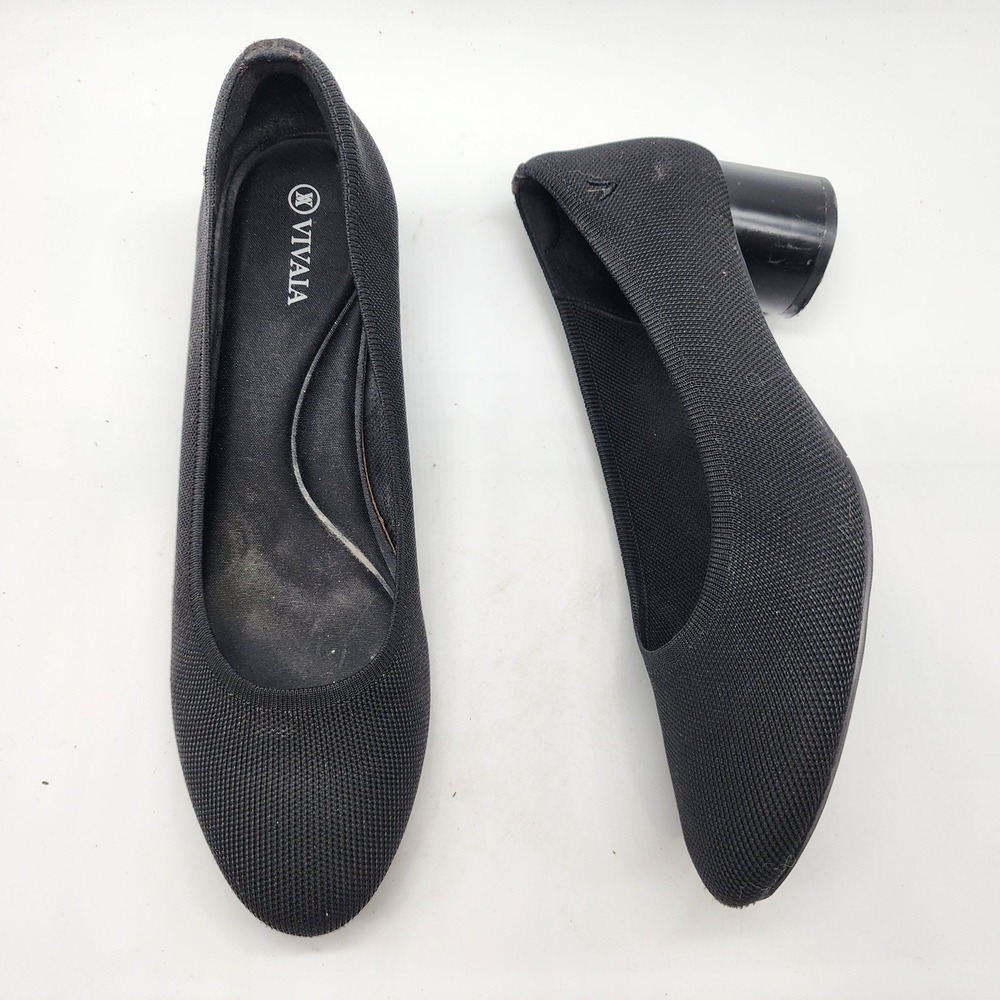 Vivaia Julie Round Toe Block Heel Pumps Women's 10.5 Black Knit Eco-Friendly